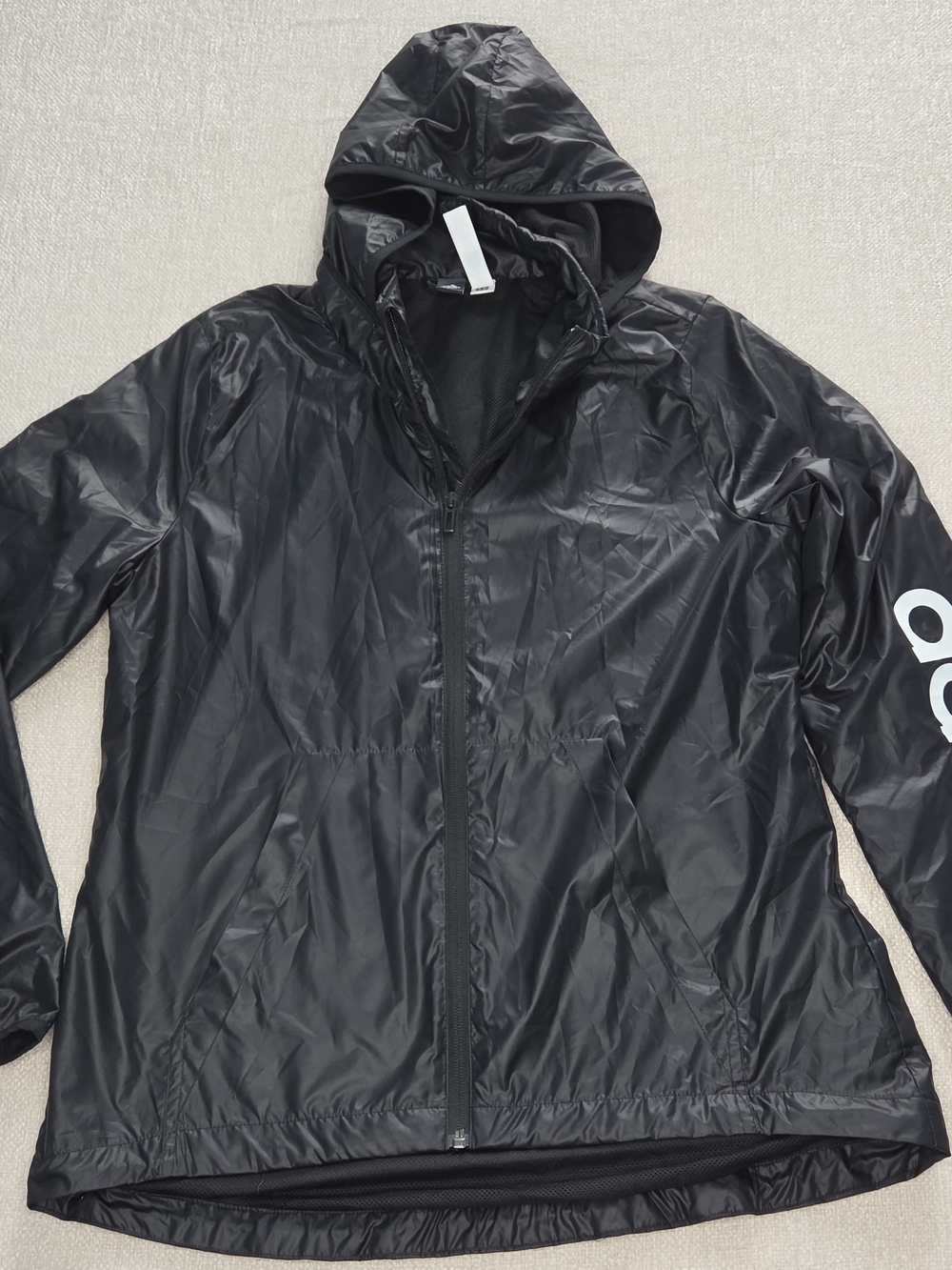 Adidas Men's Medium Black Packable Hood Windbreaker Jacket Lightweight Logo